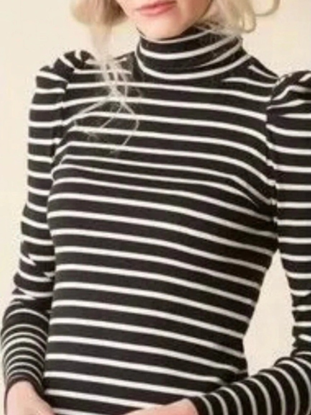 Veronica Beard Cedar Striped Puff-Sleeve Turtleneck Blue & White Small